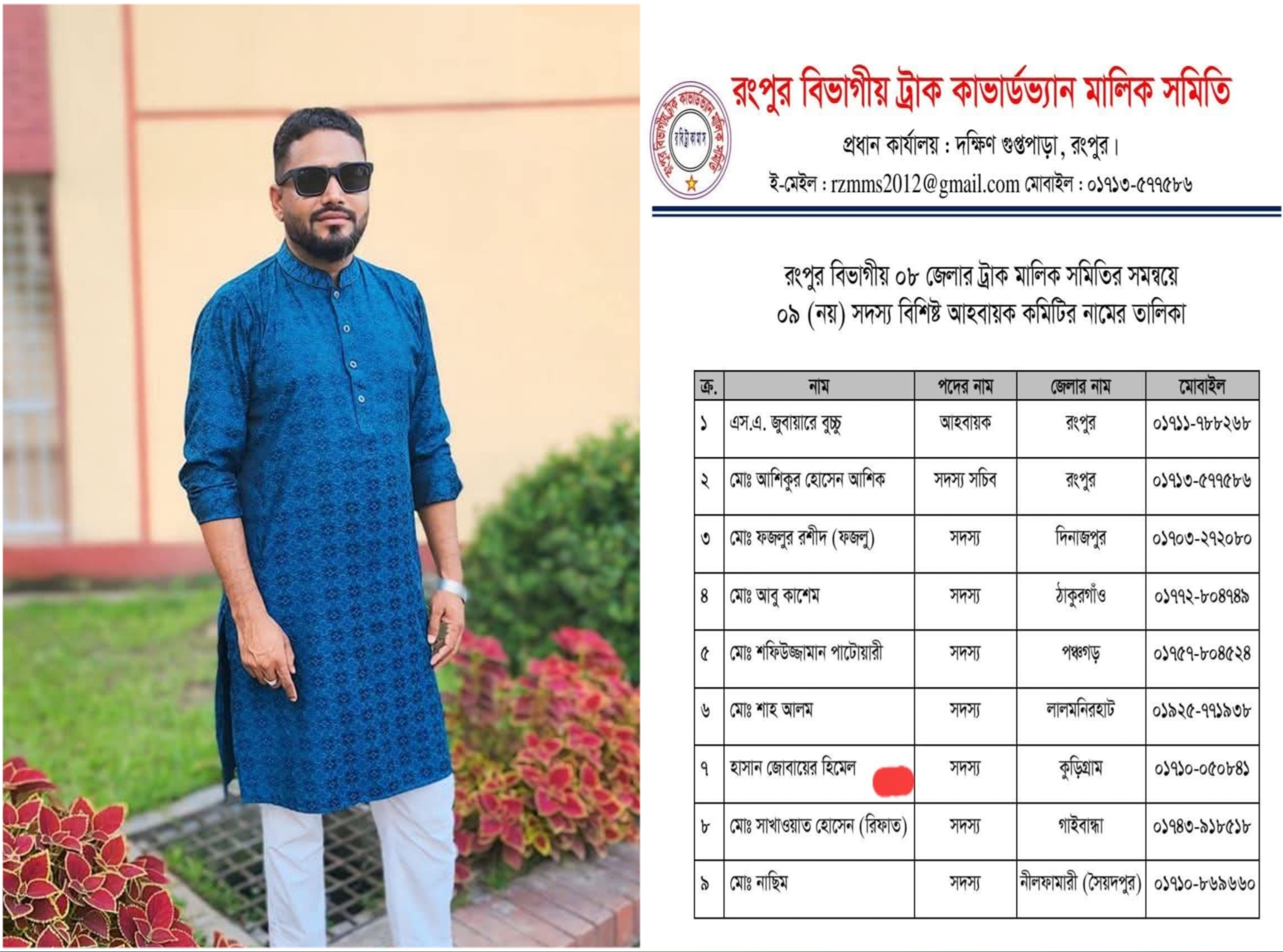 কুড়িগ্রামের হাসান জোবায়ের হিমেল রংপুর বিভাগীয় ট্রাক কাভার্ডভ্যান মালিক সমিতির আহ্বায়ক কমিটিতে সদস্য নির্বাচিত