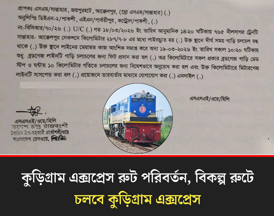 কুড়িগ্রাম রেল যোগাযোগে বড় ধাক্কা: সান্তাহারে লাইনচ্যুতি, বিকল্প রুটে চলছে কুড়িগ্রাম এক্সপ্রেস